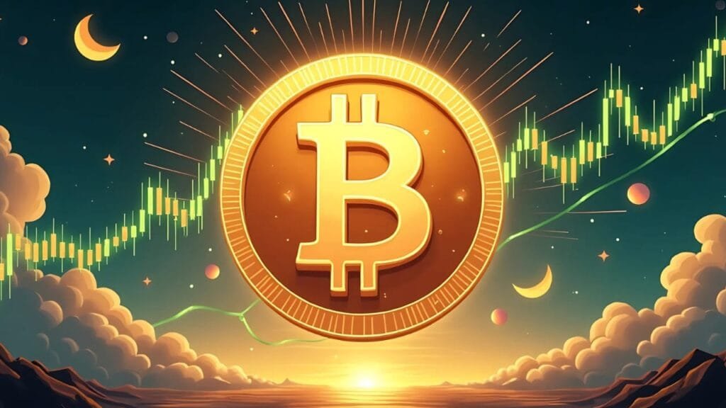 Bitcoin symbol rising with market chart and glowing background