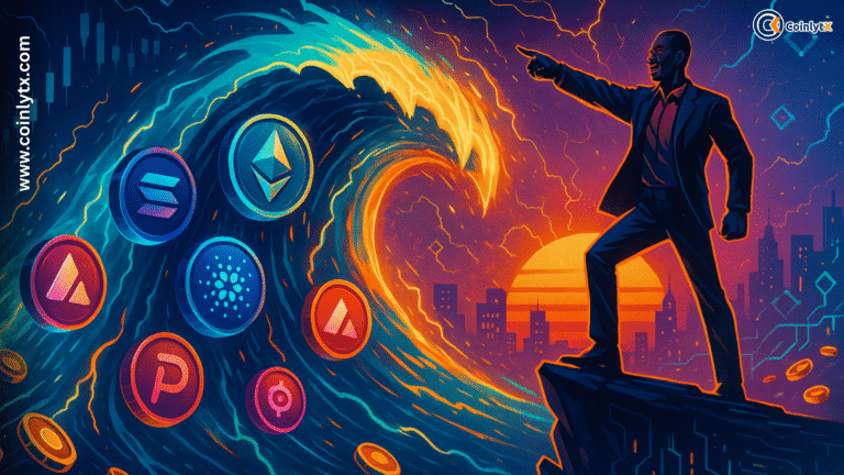 A confident man in a suit stands on a cliff at sunset, pointing toward a massive wave made of digital currents and cryptocurrency coins, including Ethereum, Solana, Cardano, Avalanche, and others, symbolizing the rise of blockchain technology.