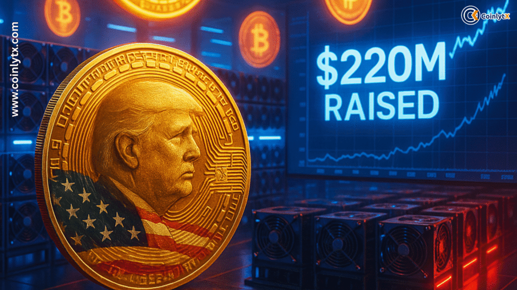 Trump backed firm raises $220M for Bitcoin mining, shown with Trump coin, mining rigs, and growth chart.