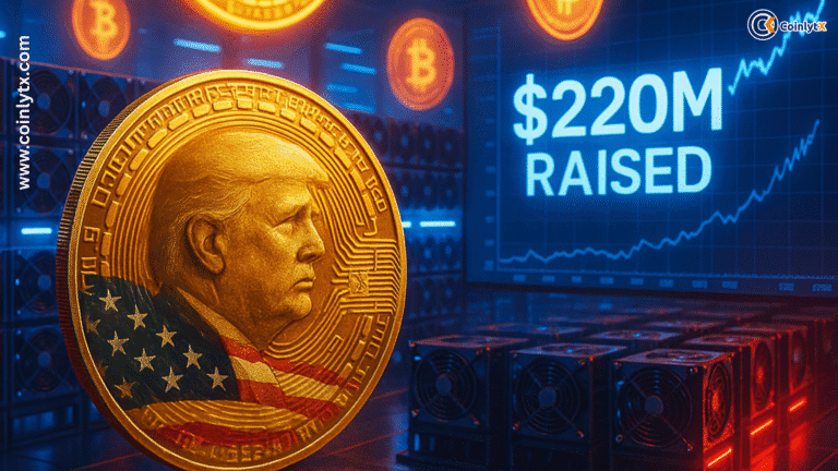 Trump backed firm raises $220M for Bitcoin mining, shown with Trump coin, mining rigs, and growth chart.